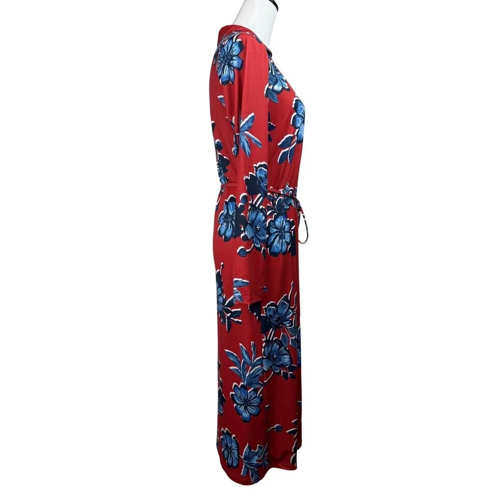 Zara Red Blue Floral Long‎ Sleeve Button Front Midi Dress Small Colorful Boho